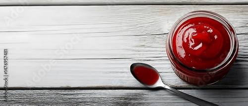 Red sauce jar spoon wood table. Food recipe
