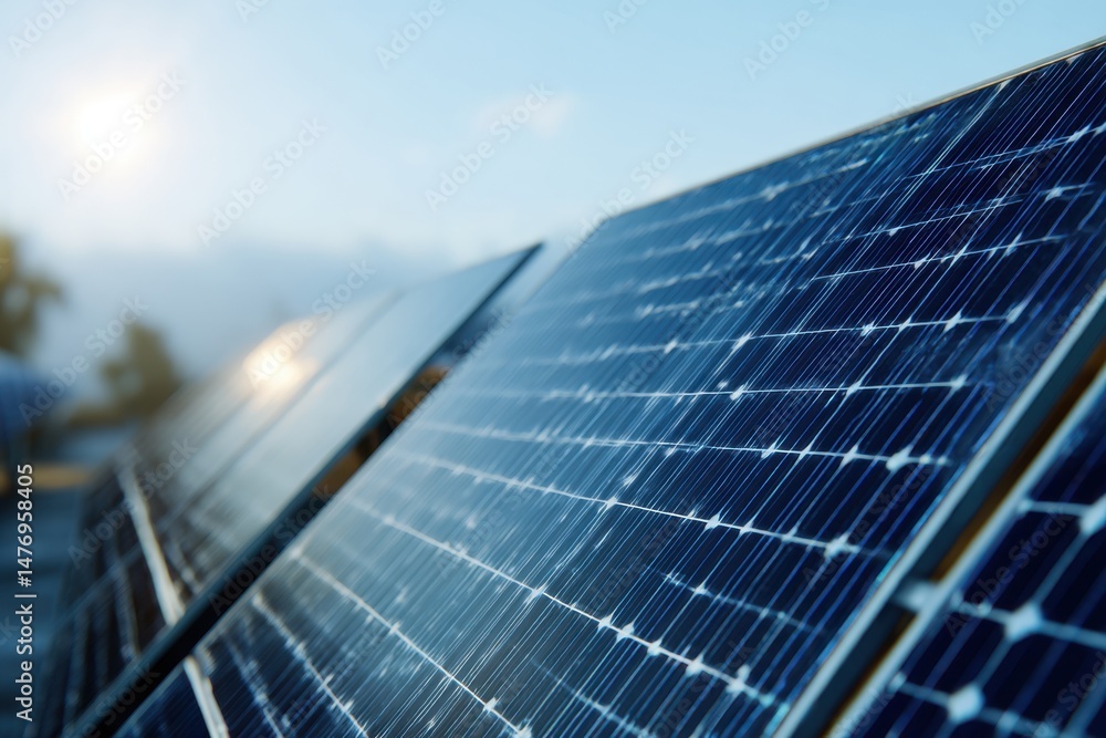 Fototapeta premium Solar panels with renewable energy and clear sky