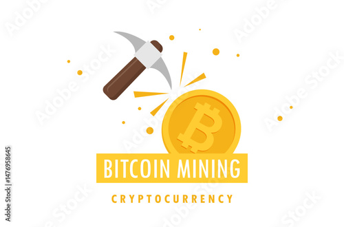 Bitcoin mining concept with pickaxe and coin flat vector