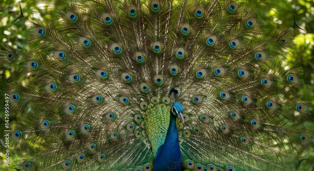 Fototapeta premium Majestic peacock displaying its vibrant plumage