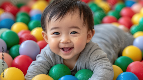 baby playing in the ball pit at an indoor play center, laughing and reaching out to touch colorful balls. Happy Baby Smiling and Playing in Colorful Plastic Ball Pit in Playroom with Bright Lighting