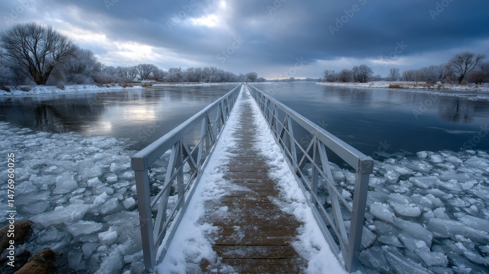 Naklejka premium A bridge over a frozen river with a snowy landscape in the background