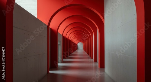 Red and gray arched hallway