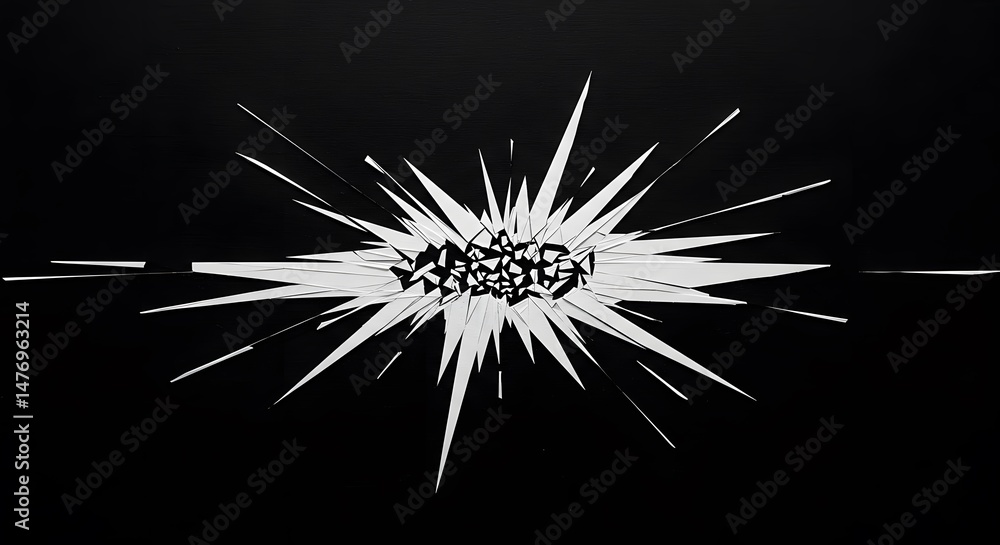 Obraz premium Abstract Black and White Burst High-Contrast Graphic Design, Geometric Explosion, Sharp Lines, Dynamic Energy, Visual Art