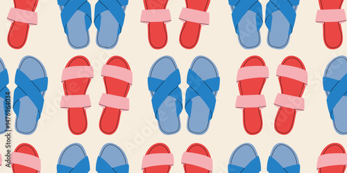 Different types of footwear. Boots, summer slippers, ballet flats, house shoes and other footwear for summer and beach. Women's footwear. Vector seamless pattern. Wallpaper or wrapping paper