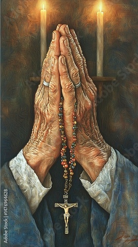 Painting of an old man praying with his hands clasped