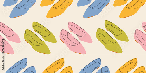 Seamless pattern with different types of modern trendy women footwear. Endless texture with fashionable and stylish shoes for printing. Colored flat vector illustration.