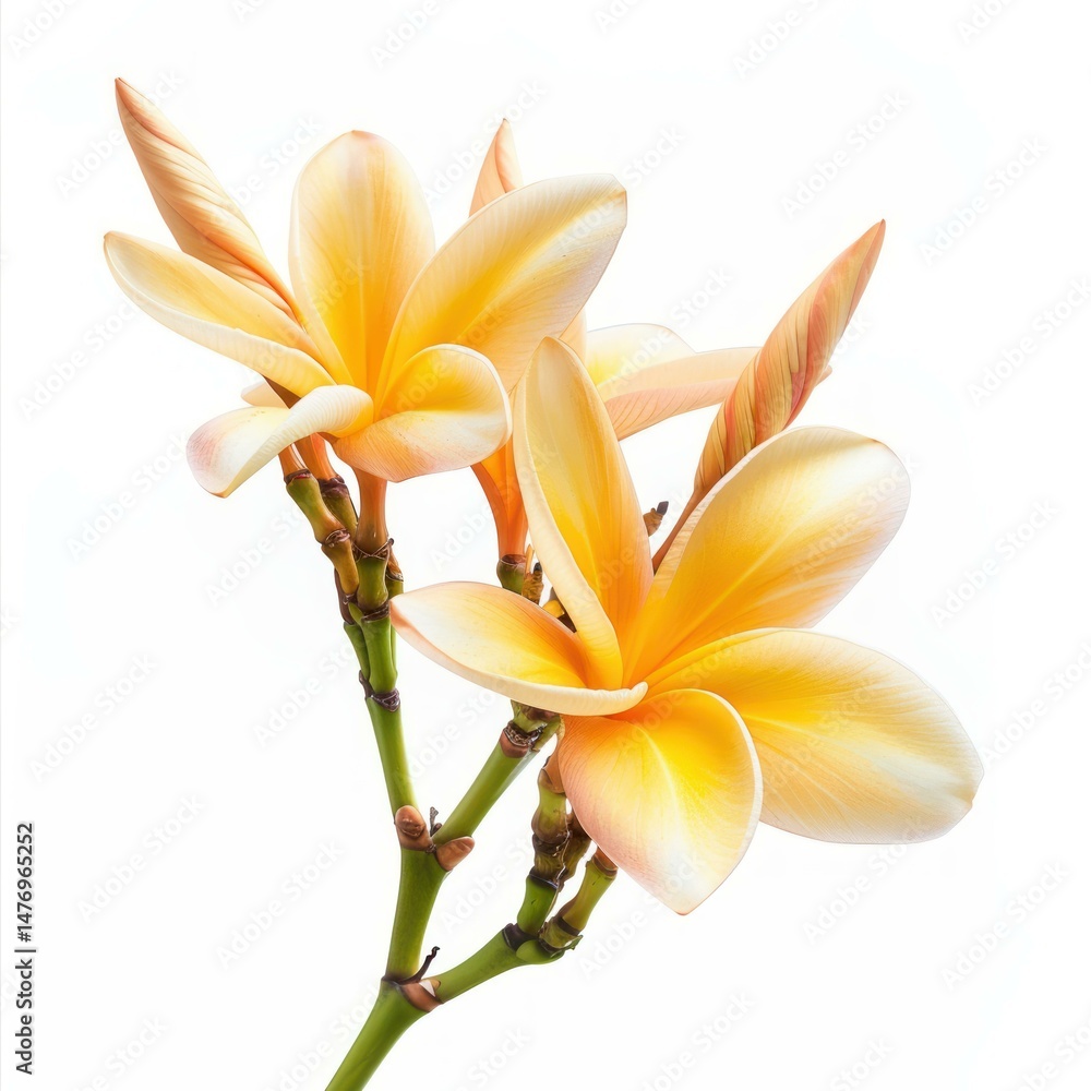 Obraz premium Yellow frangipani flowers blooming on a white background create a serene and elegant atmosphere