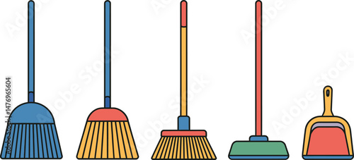 Colorful vector illustrations of brooms and a dustpan for cleaning and sanitation