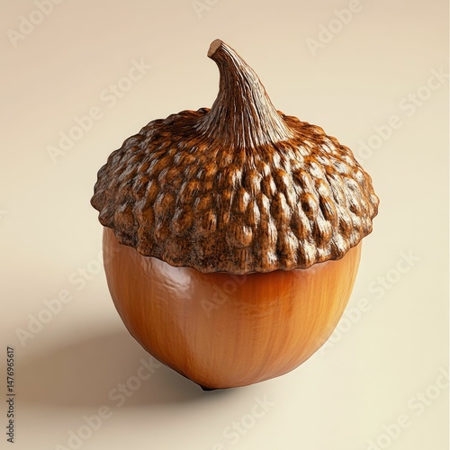 Shiny acorn, brown cap, beige background.