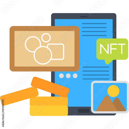NFT Display Icon � Smartphone with Shapes and Picture, Featuring NFT Message