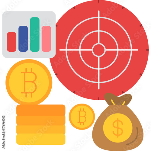 Crypto Investment Target Icon � Target Board, Bitcoin Money Bag, Bar Chart, and Coins