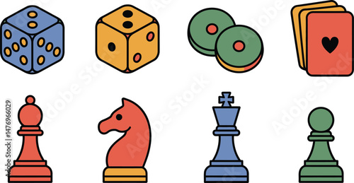 Set of colorful illustrated game pieces including dice cards chess and board game elements