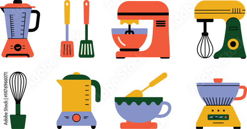 Set of colorful kitchen appliances and utensils illustration for culinary and cooking concepts