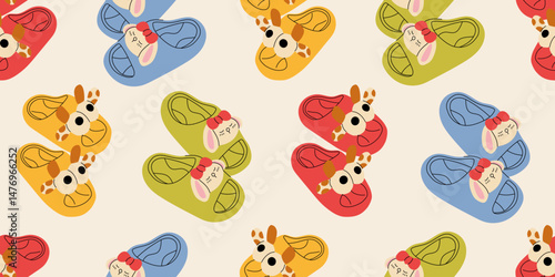 Seamless pattern with different types of modern trendy women footwear. Endless texture with fashionable and stylish shoes for printing. Colored flat vector illustration.