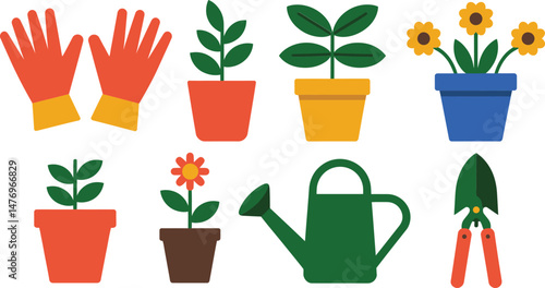 Charming colorful garden tools and potted plants collection for creative springtime designs