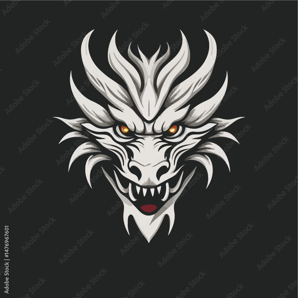 Obraz premium White-Dragon-Head-Illustration-Fierce-Eyes-Sharp-Horns-Mythical-Creature-Design-Fantasy-Art-Detailed-Dragon-Artwork-Mystical-Beast-Symbol-Dragon-Logo