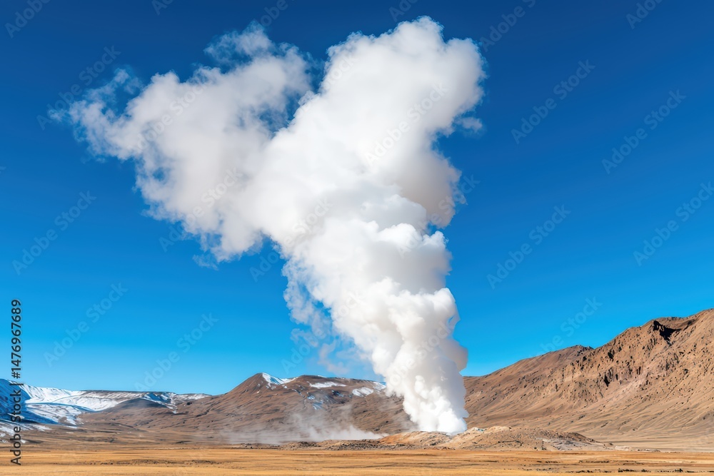 Erupting geyser with billowing steam against clear blue sky in natural landscape of mountains and plains Erupting geyser with billowing steam against clear blue sky in natural landscape of mountains and plains