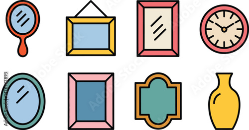 Colorful decorative icons including mirrors wall art clocks and decorative vase isolated