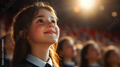 Young girl with brown hair looks up in awe at a performance in a theater She's wearing a dark collared shirt