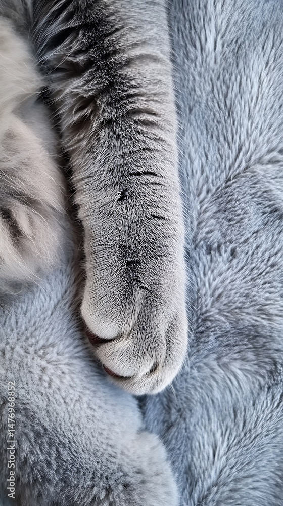 Obraz premium Closeup of Feline Paw and Silver Fur, Pet's Soft Fur Texture, Relaxed Sleeping Cat
