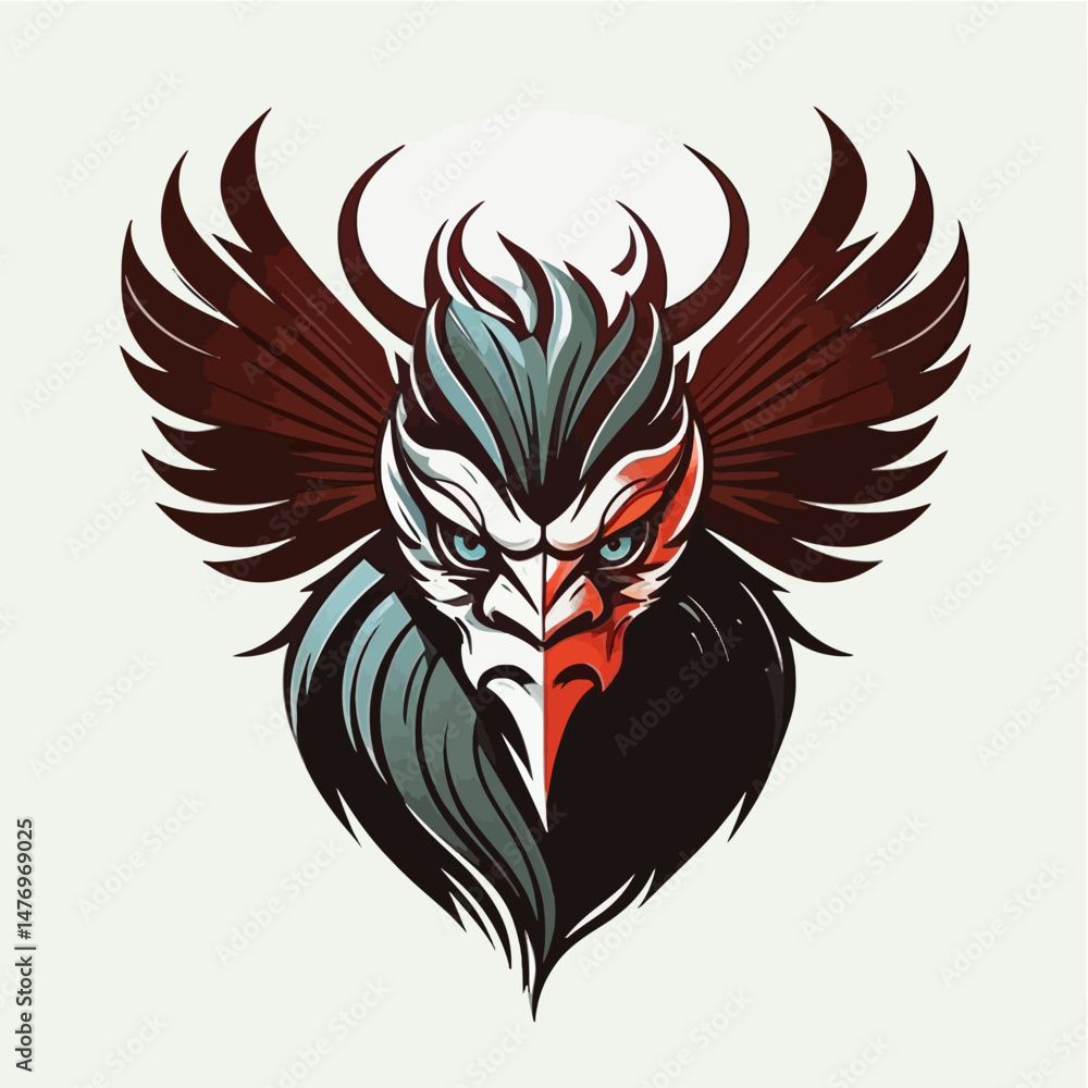 Obraz premium Vector-Art-of-a-Mystical-Creature-with-Wings-and-Horns-Featuring-Intricate-Details-and-a-Bold-Color-Palette-Ideal-for-Fantasy-Art-and-Gaming-Enthusiasts