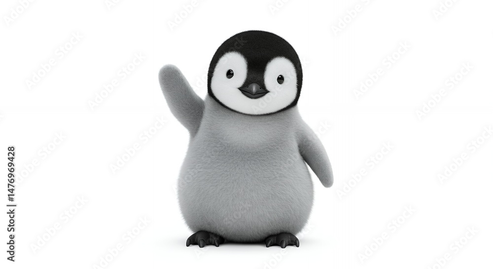 Obraz premium Cute Penguin Chick Waving Hand on White Background Adorable Black and White Animal in Studio Rendering with Soft Feathers