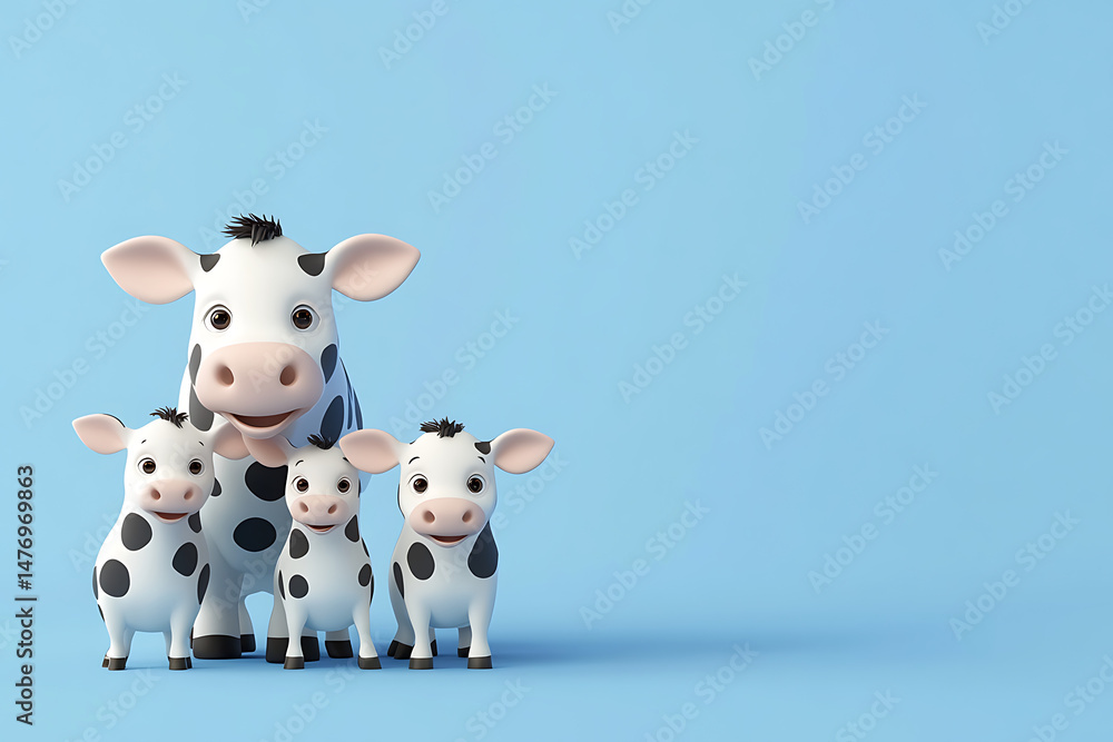 Naklejka premium Playful cartoon cows and calves posing together against a soft blue background, ideal for children's content