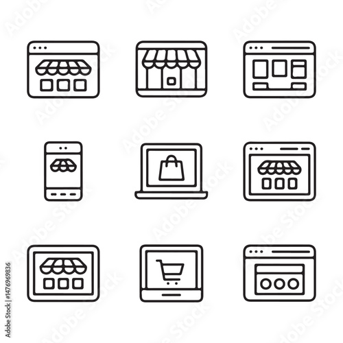 Shop window icons set. E-commerce Platforms: Diverse Online Shopping Interfaces
