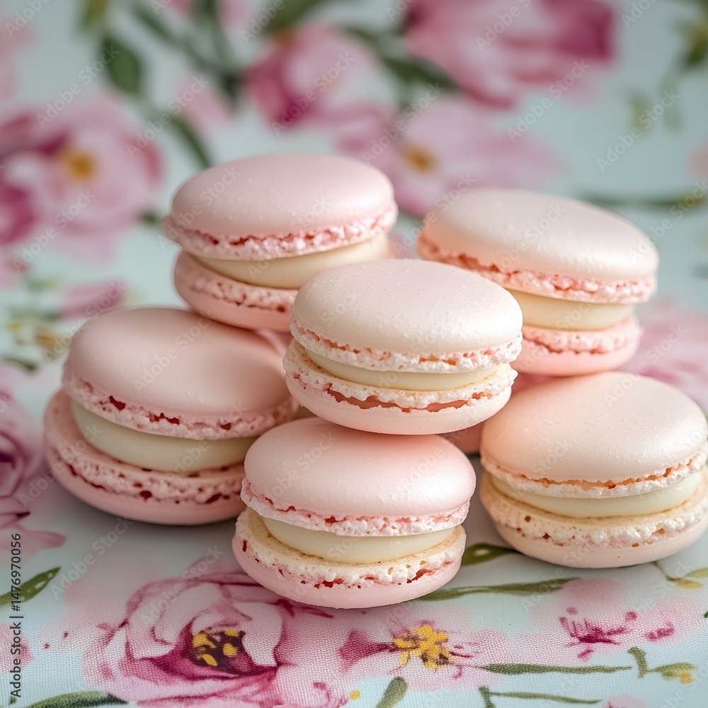Obraz premium Soft Pink Macarons Piled on Floral Surface