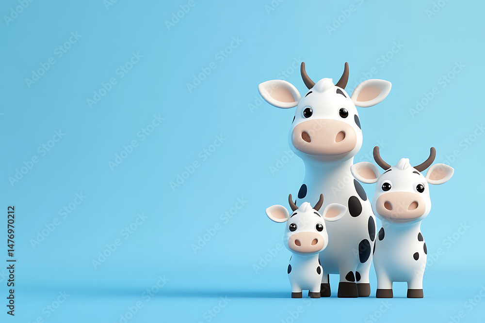 Three cartoon cows, a mother and her two calves, standing against a light blue background, evoking a playful and cheerful atmosphere suitable for children's products or farm-themed designs Three cartoon cows, a mother and her two calves, standing against a light blue background, evoking a playful and cheerful atmosphere suitable for children's products or farm-themed designs