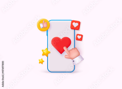 Social media and technology with smartphone. Hand press like button. Online social communication applications concept. 3D Web Vector Illustrations.