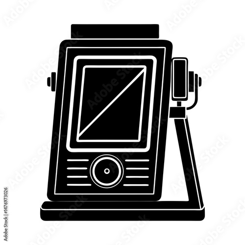 Illustration of a black and white machine with a screen and controls on a stand isolated on white