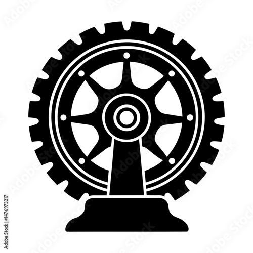 Illustration of a black wheel with spokes and tire tread mounted on a stand on a white background