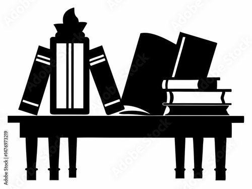 books including on a table black  silhouette vector white background