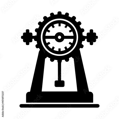 Illustration of a stylized mechanical device with gears and a pendulum like structure shown in black