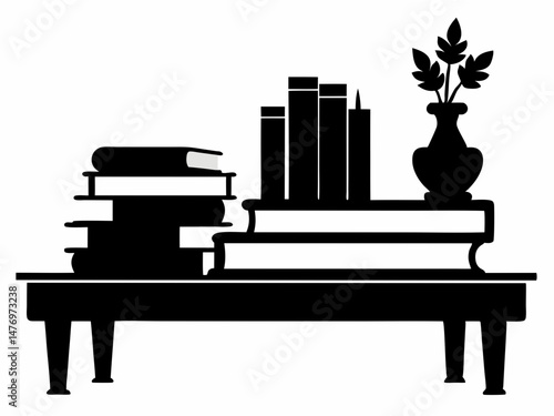 books including on a table black  silhouette vector white background