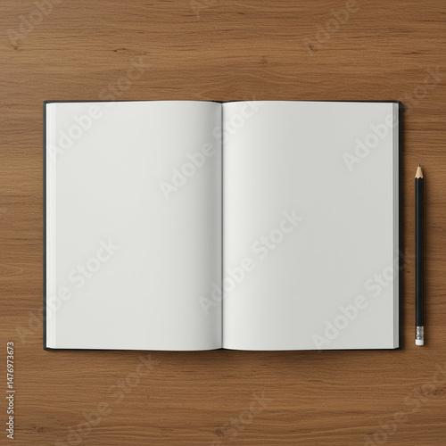 Photo of an open notebook with a pencil on a wooden table in a business, minimalist style for planning and notes.
