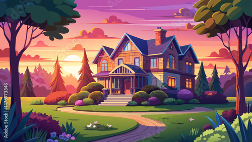 Beautiful house in the park at sunset. Long exposure shot,Very beautiful,