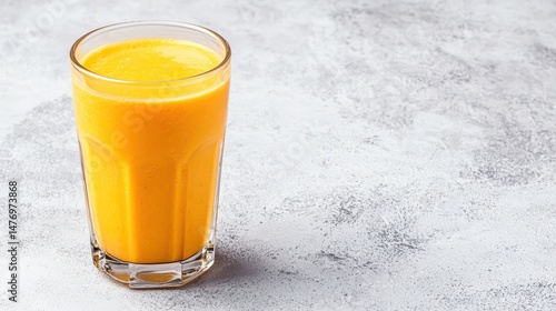 Refreshing bright yellow fruit smoothie in clear glass on light gray background