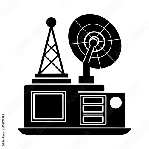 Illustration of a satellite station with a dish antenna and a tower in black and white style