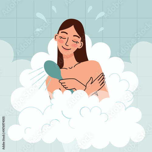 A woman in the shower. Morning routine and hygiene. Flat cartoon vector illustration.