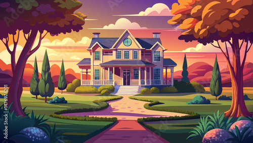 Beautiful house in the park at sunset. Long exposure shot,Very beautiful,