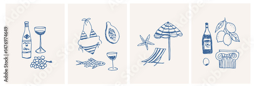 Hand drawn doodle mediterranean posters collection
