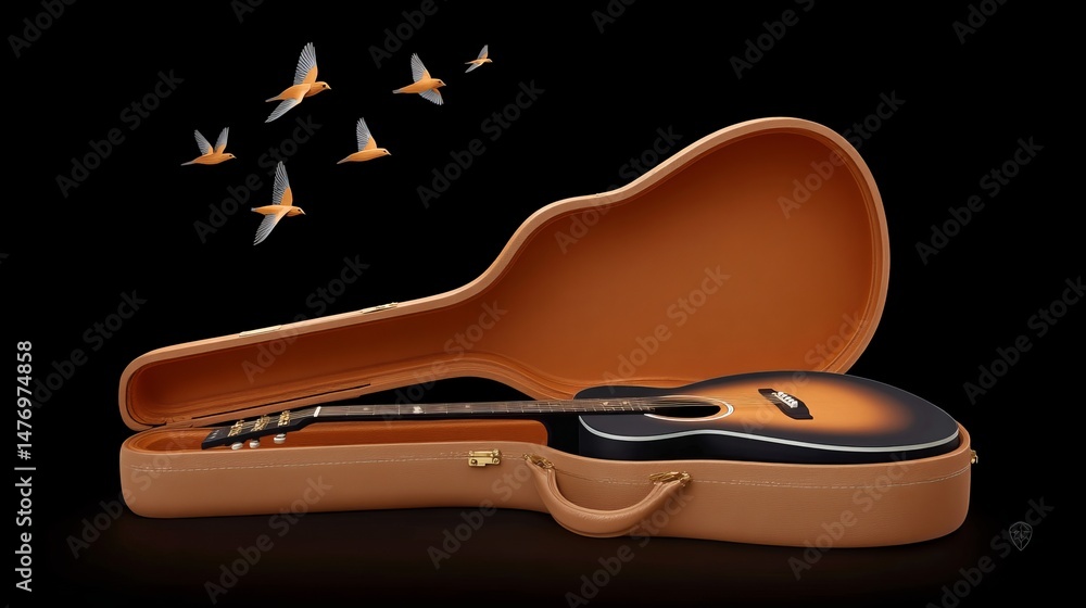 Obraz premium Open Guitar Case Releasing Colorful Musical Birds Into the Sky