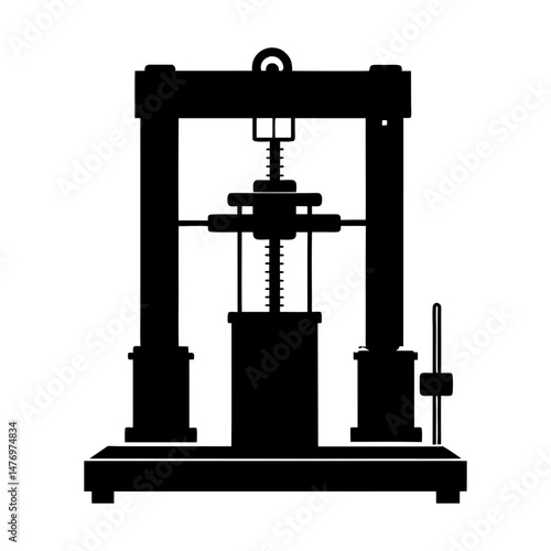 Illustration of a black silhouette hydraulic press machine with detailed mechanical components shown clearly