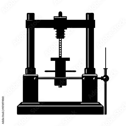 Illustration of a mechanical press with vertical supports and a central piston mechanism shown in black