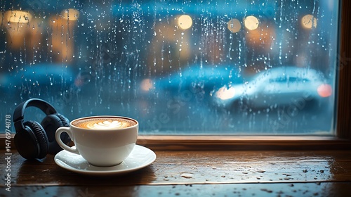 On a rainy day, coffee and headphones offer comfort by the window