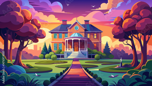 Beautiful house in the park at sunset. Long exposure shot,Very beautiful,