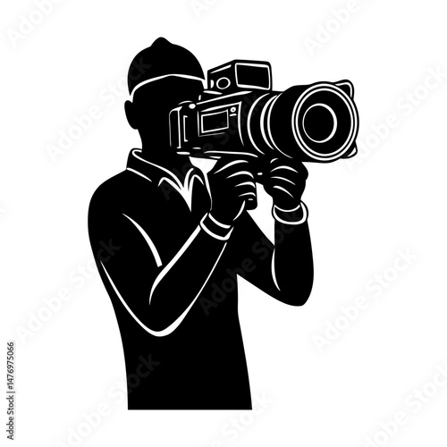 Silhouette of a man holding a large video camera with hands visible and wearing a hat or head covering